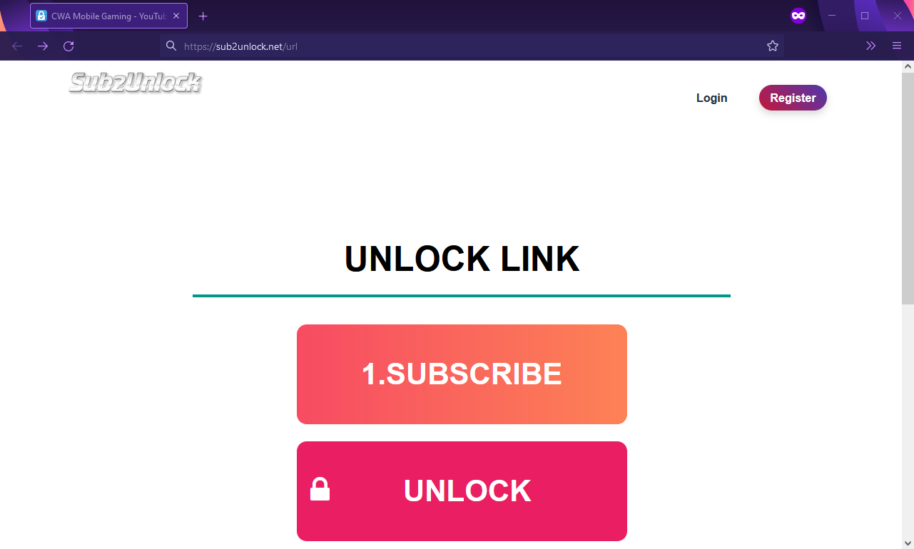 An image of a link shortener that makes you subscribe to a youtube chanel before you are able to continue.